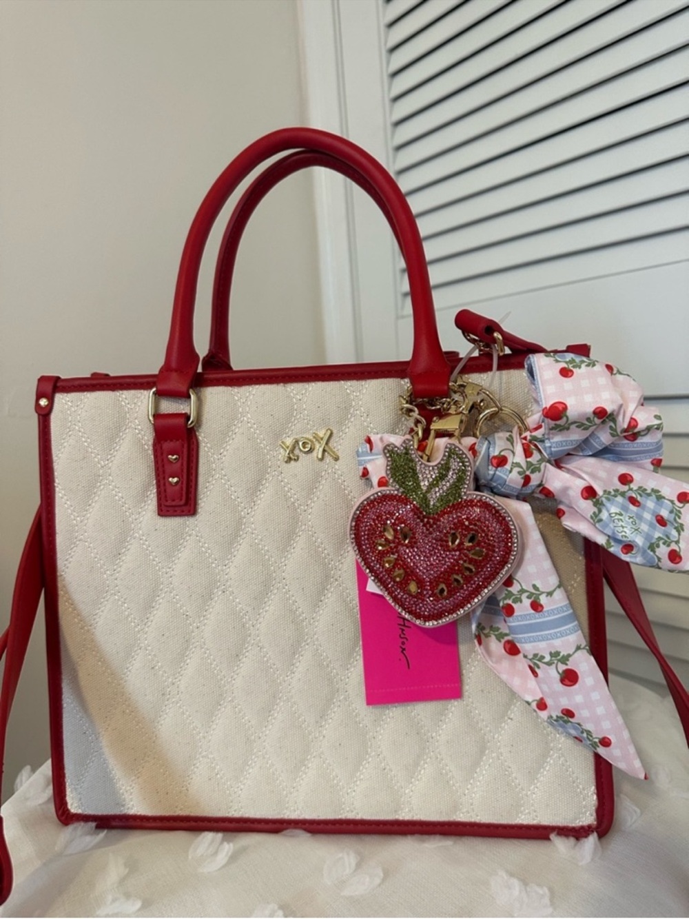 New Betsey Johnson Cream Quilted Satchel with Red Trim and Strawberry Charm